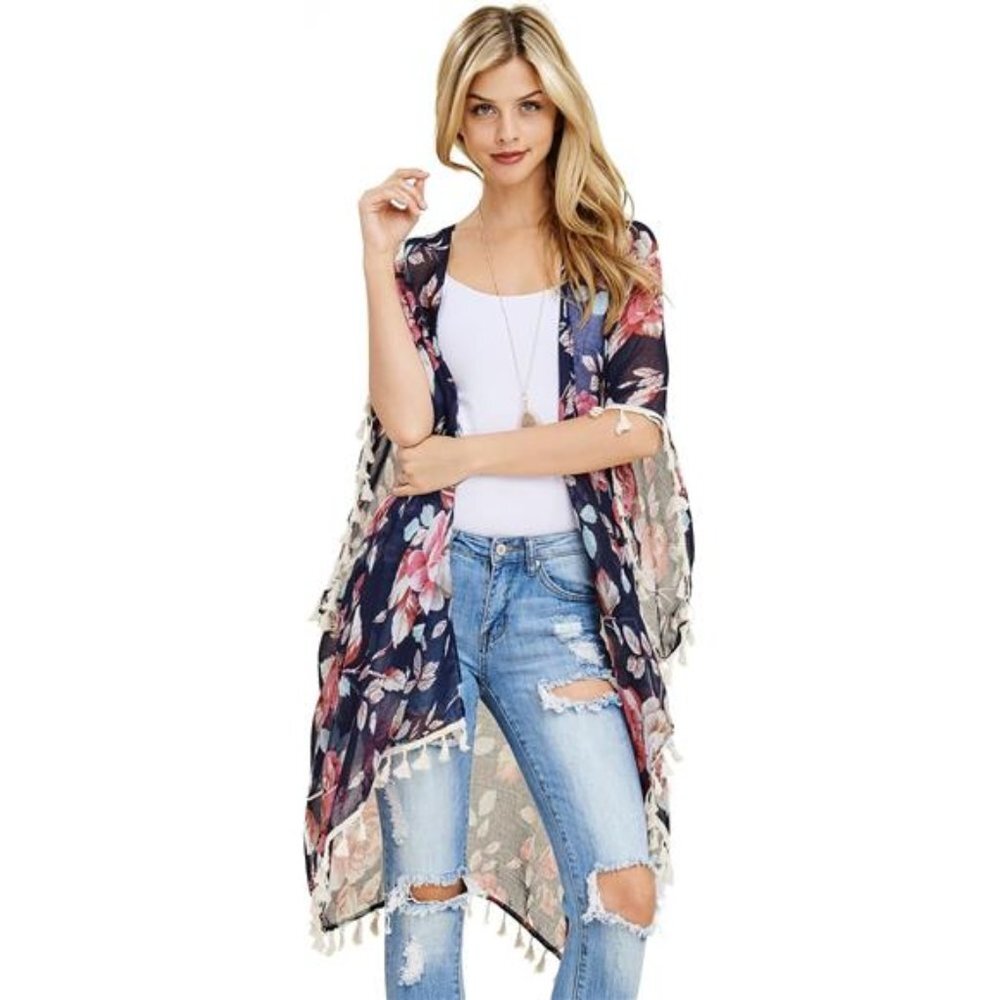 Navy Floral‎ Print Fringe Open Kimono Shawl Cardigan Kaftan Poncho Cover Up Vest